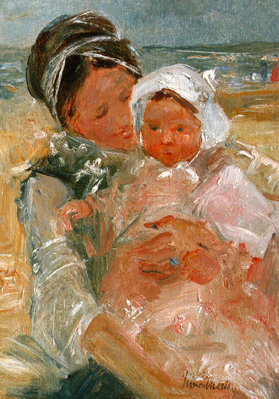 Maris S.W.  | Simon Willem Maris, A mother with baby in the dunes, oil on panel 32.0 x 23.0 cm, signed l.r.