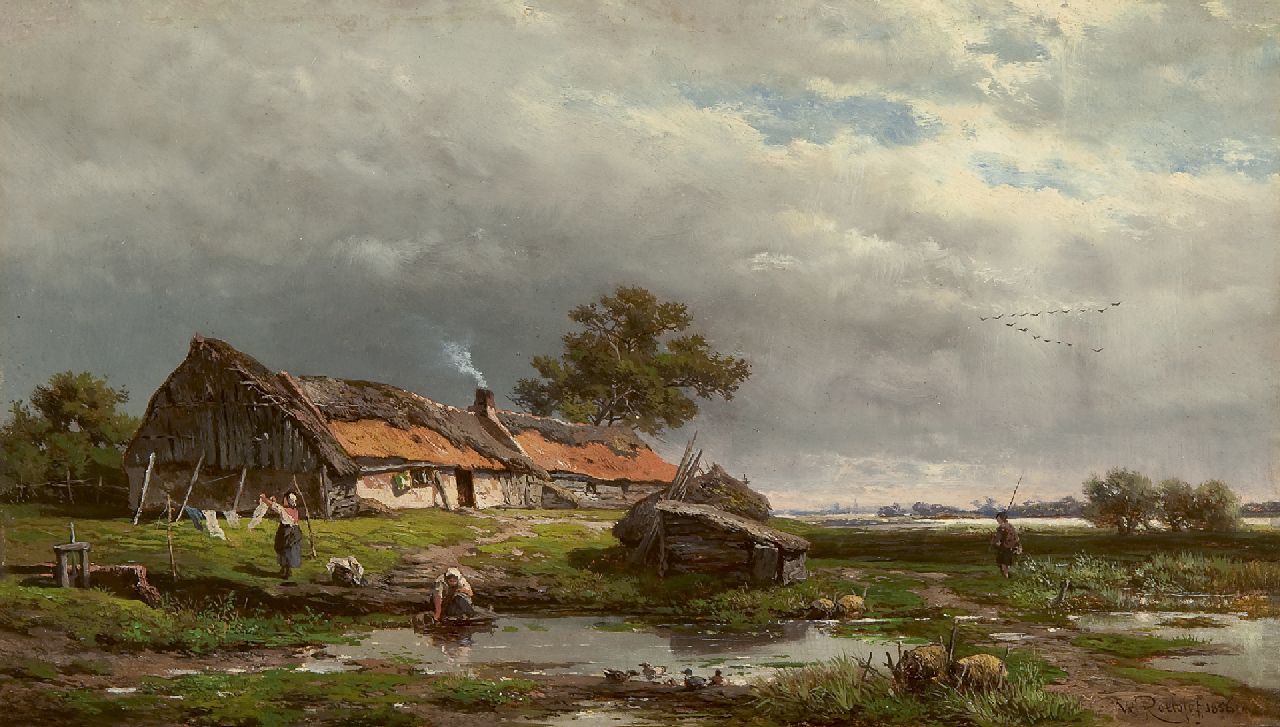 Roelofs W.  | Willem Roelofs, Activity by a cottage, oil on panel 20.2 x 33.4 cm, signed l.r. and dated 1856