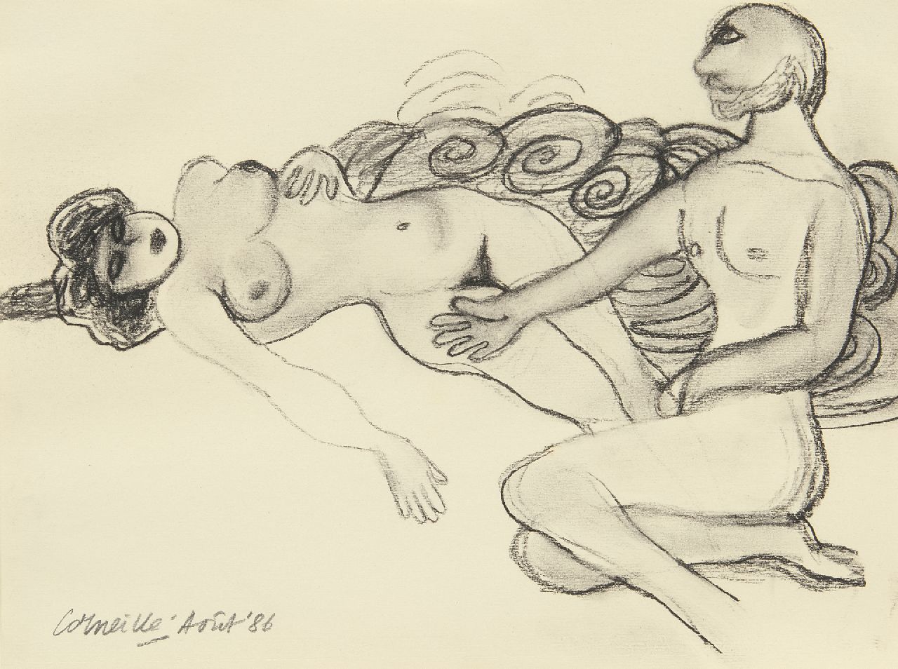 Corneille ('Corneille' Guillaume Beverloo)   | Corneille ('Corneille' Guillaume Beverloo) | Watercolours and drawings offered for sale | Man and woman, charcoal on paper 23.7 x 31.8 cm, signed l.l. and dated 'Août' '86