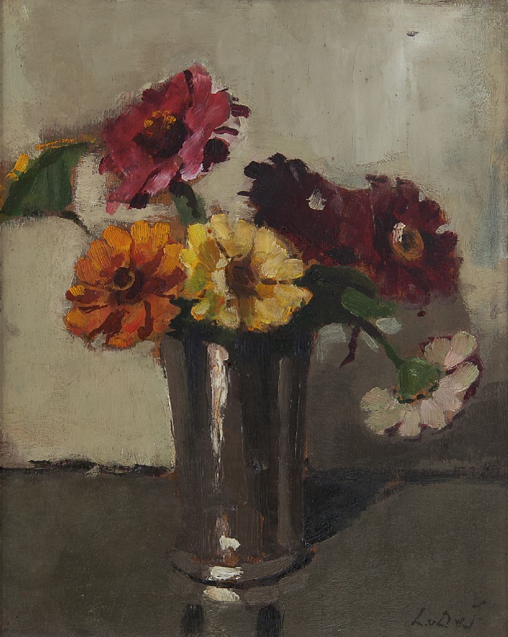 Dam van Isselt L. van | Lucie van Dam van Isselt, Zinnia, oil on panel 27.0 x 21.5 cm, signed l.r.