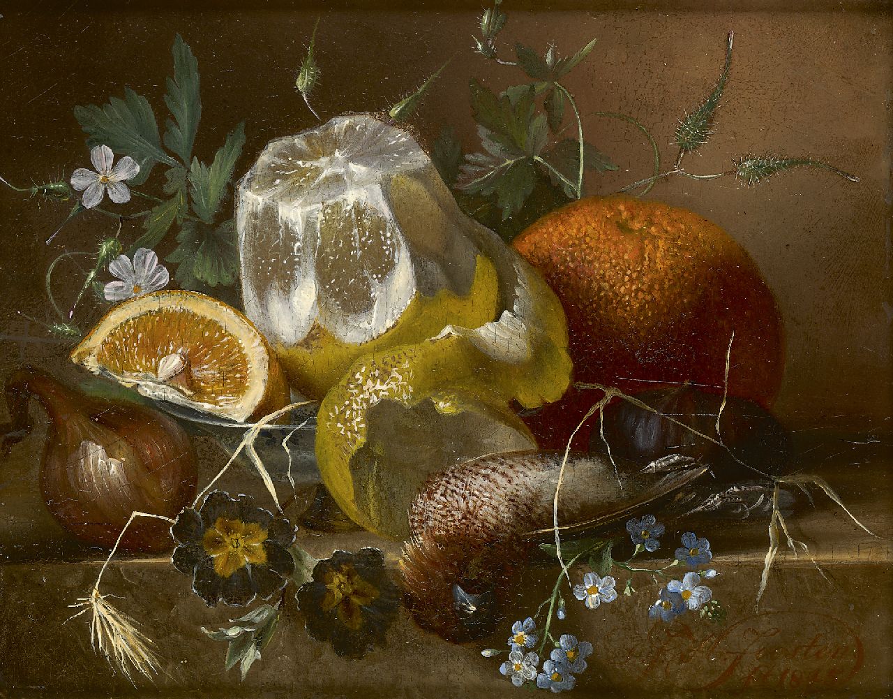 Joosten D.J.H.  | Dirk Jan Hendrik Joosten, Still life with fruit and game, oil on panel 15.2 x 19.5 cm, signed l.r. and dated 1845