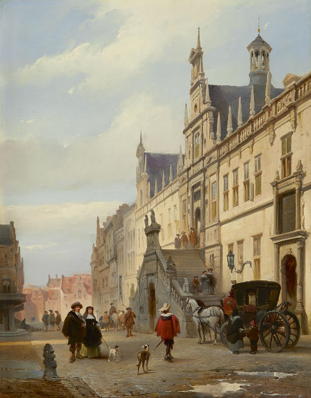Bosboom J.  | Johannes Bosboom, A view of the Breestraat, Leiden, with the town hall, oil on panel 45.2 x 35.0 cm, signed l.l. and painted ca. 1840-1845