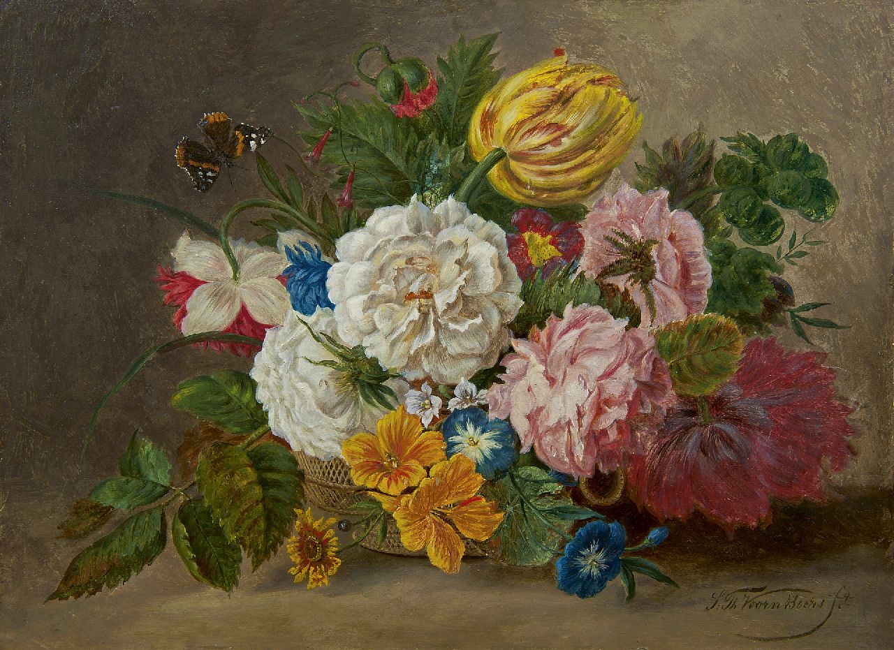 Voorn Boers S.T.  | Sebastiaan Theodorus Voorn Boers, A flower still life in a basket, oil on panel 29.1 x 39.1 cm, signed l.r.