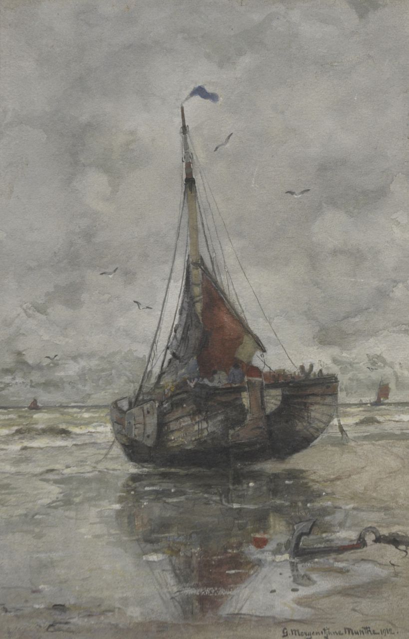 Munthe G.A.L.  | Gerhard Arij Ludwig 'Morgenstjerne' Munthe, Ship on the beach, watercolour on paper 48.2 x 31.3 cm, signed l.r. and dated 1912
