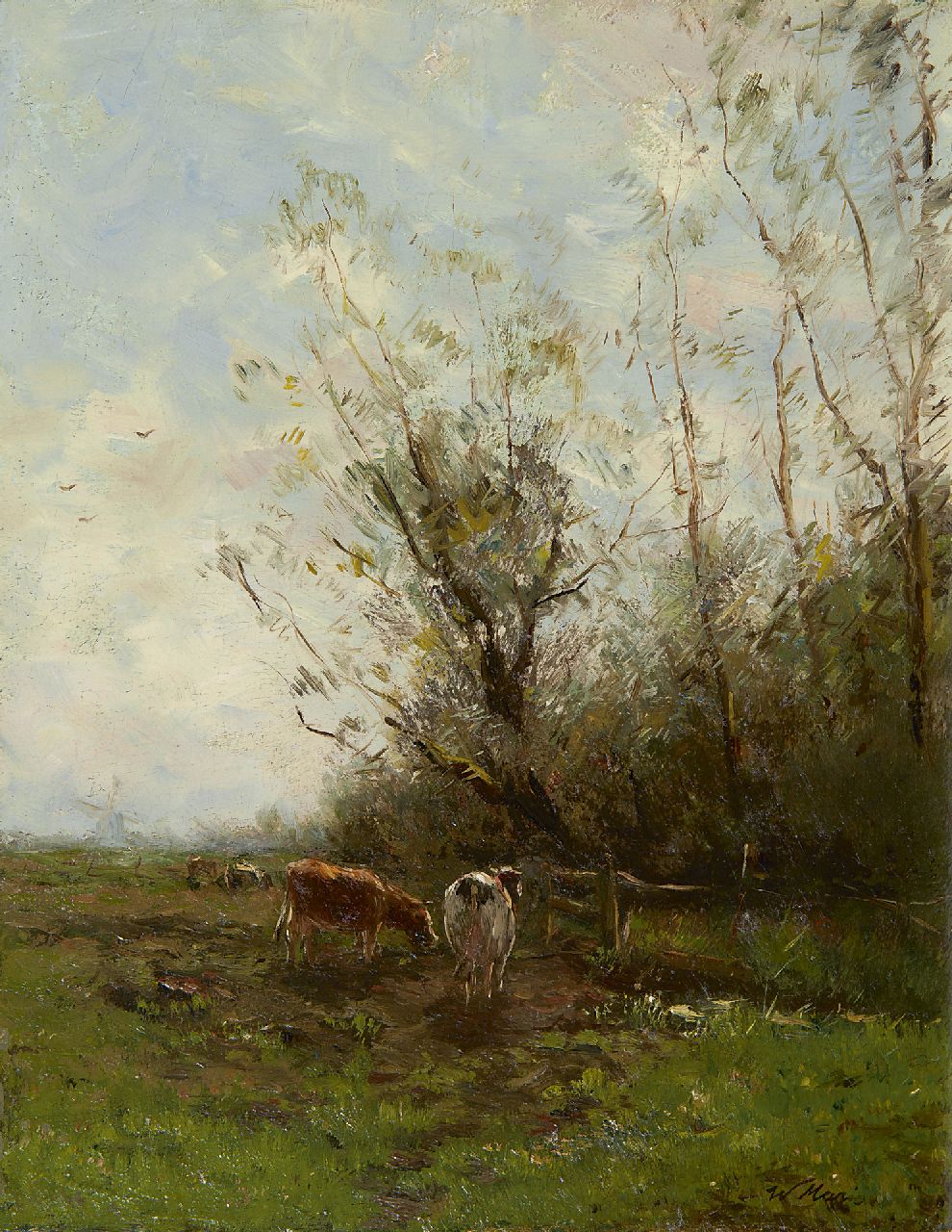 Maris W.  | Willem Maris, Landscape with cows, oil on panel 26.4 x 20.6 cm, signed l.r.