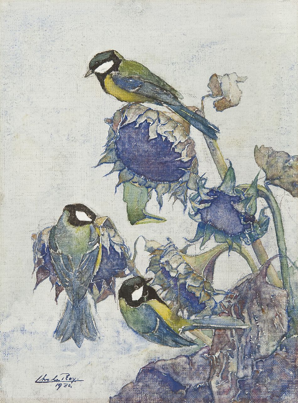 Chris le Roy | Birds on sunflowers, gouache on canvas, 39.3 x 29.5 cm, signed l.l. and dated 1930