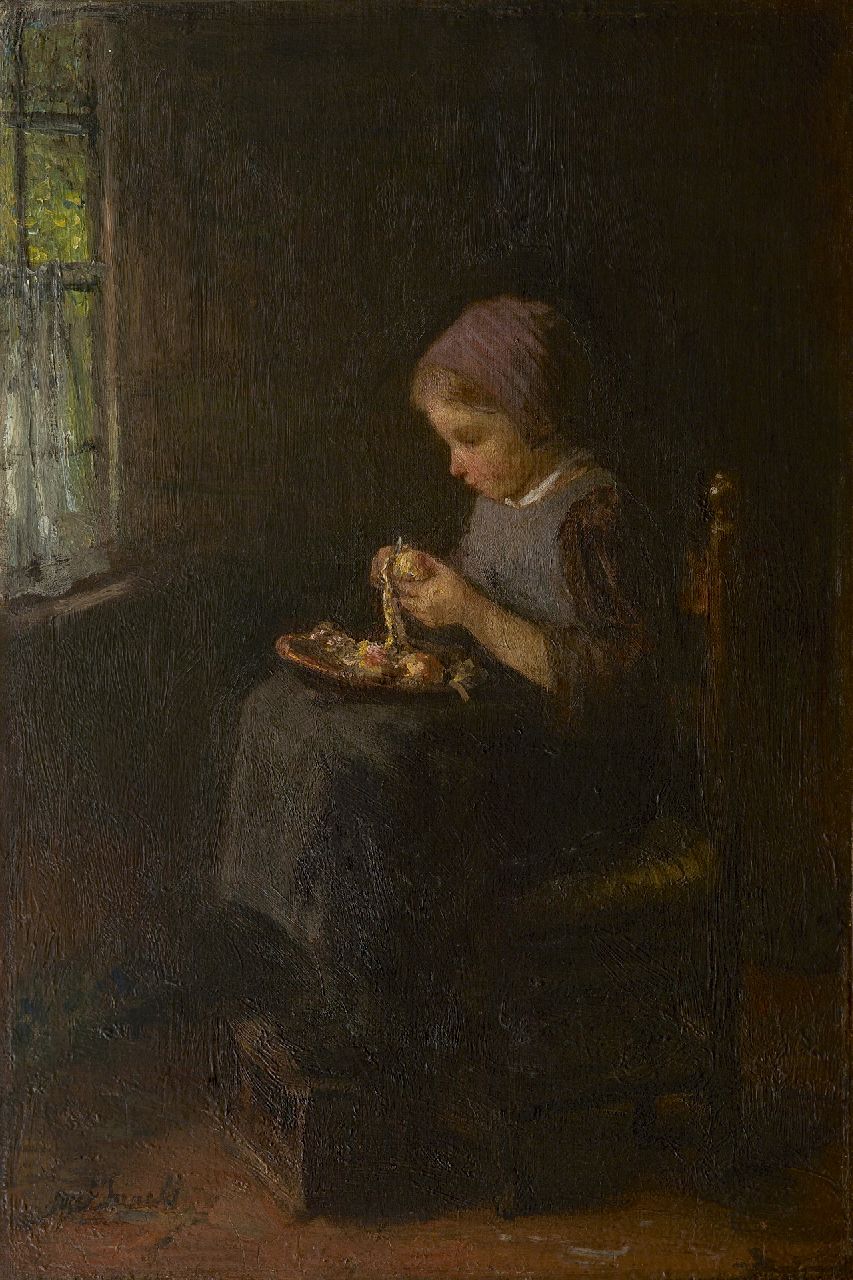 Israëls J.  | Jozef Israëls, Peeling potatoes, oil on canvas 61.3 x 41.5 cm, signed l.l.