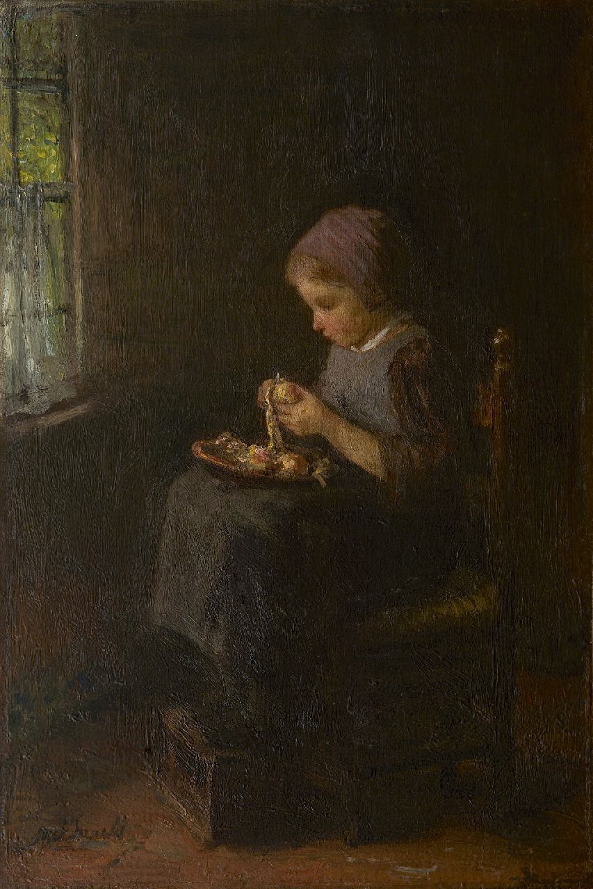 Israëls J.  | Jozef Israëls, Peeling potatoes, oil on canvas 61.3 x 41.5 cm, signed l.l.