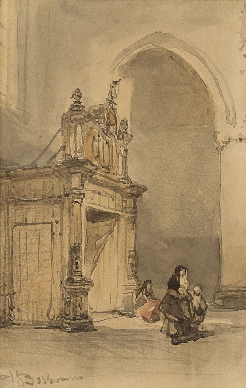 Bosboom J.  | Johannes Bosboom, A Dutch church interior, watercolour on paper 13.0 x 8.3 cm, signed l.l.