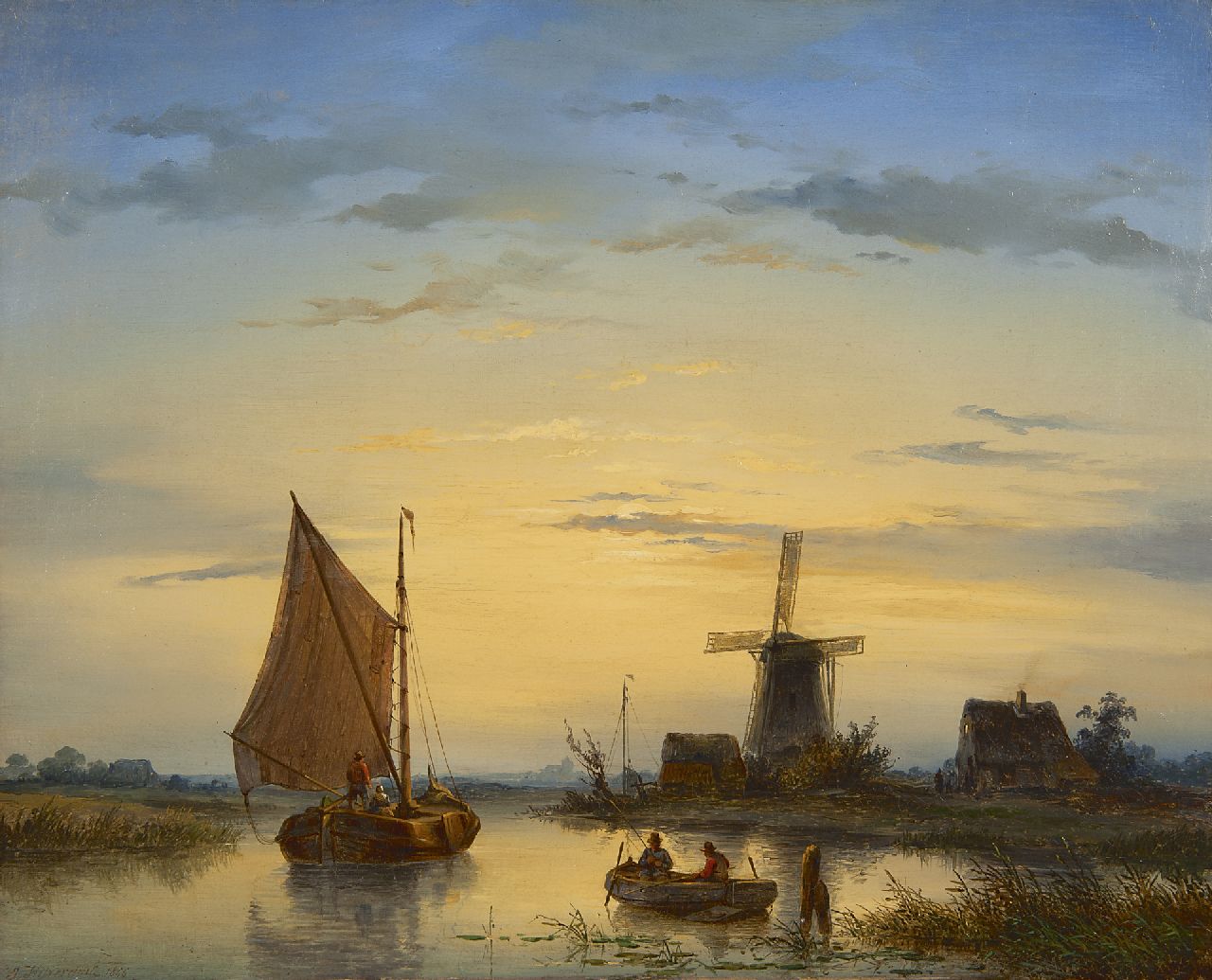 Hilverdink J.  | Johannes Hilverdink, A river landscape at dusk, oil on canvas 39.0 x 48.5 cm, signed l.l. and dated 1846
