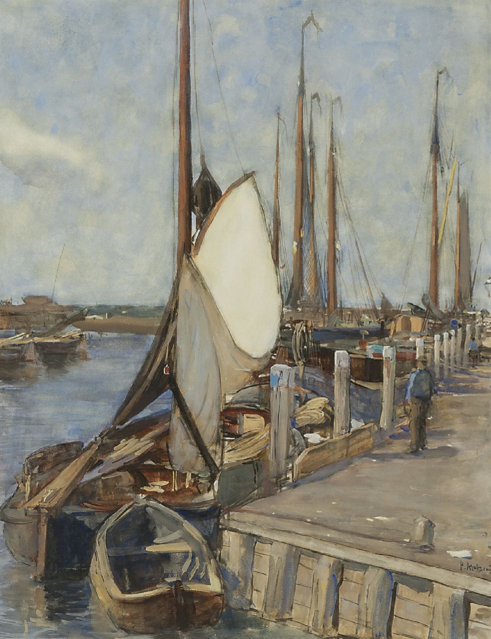 Arntzenius P.F.N.J.  | Pieter Florentius Nicolaas Jacobus 'Floris' Arntzenius, The harbour of Elburg with moored fishing boats, watercolour on paper 56.9 x 43.5 cm, signed l.r.