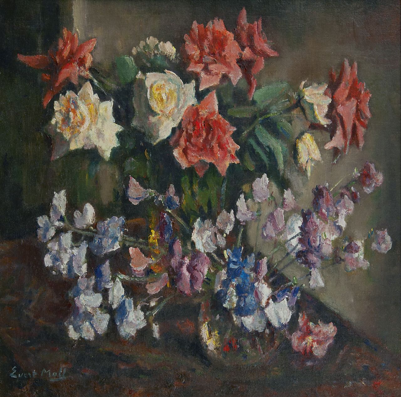 Moll E.  | Evert Moll, A still life with roses, oil on canvas 60.2 x 60.5 cm, signed l.l.