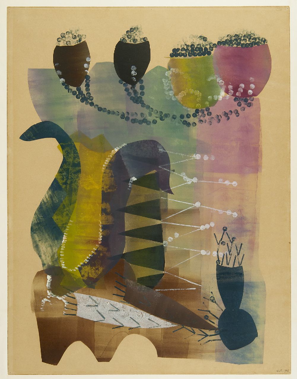 Werkman H.N.  | Hendrik Nicolaas Werkman, Composition with forms of plants, stencil and stamp on paper 65.3 x 50.0 cm, dated Oct. 1942