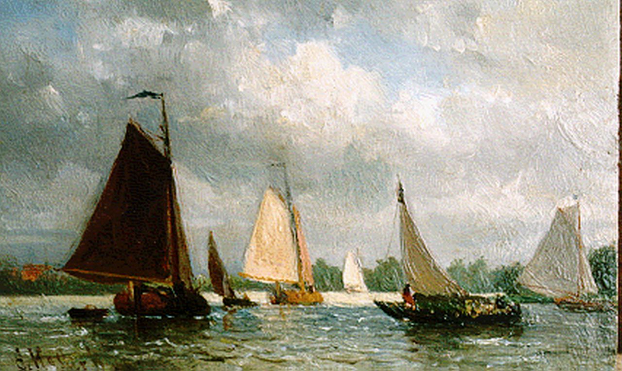 Koster E.  | Everhardus Koster, Sailing vessels in full sail, oil on panel 10.8 x 16.9 cm, signed l.l.