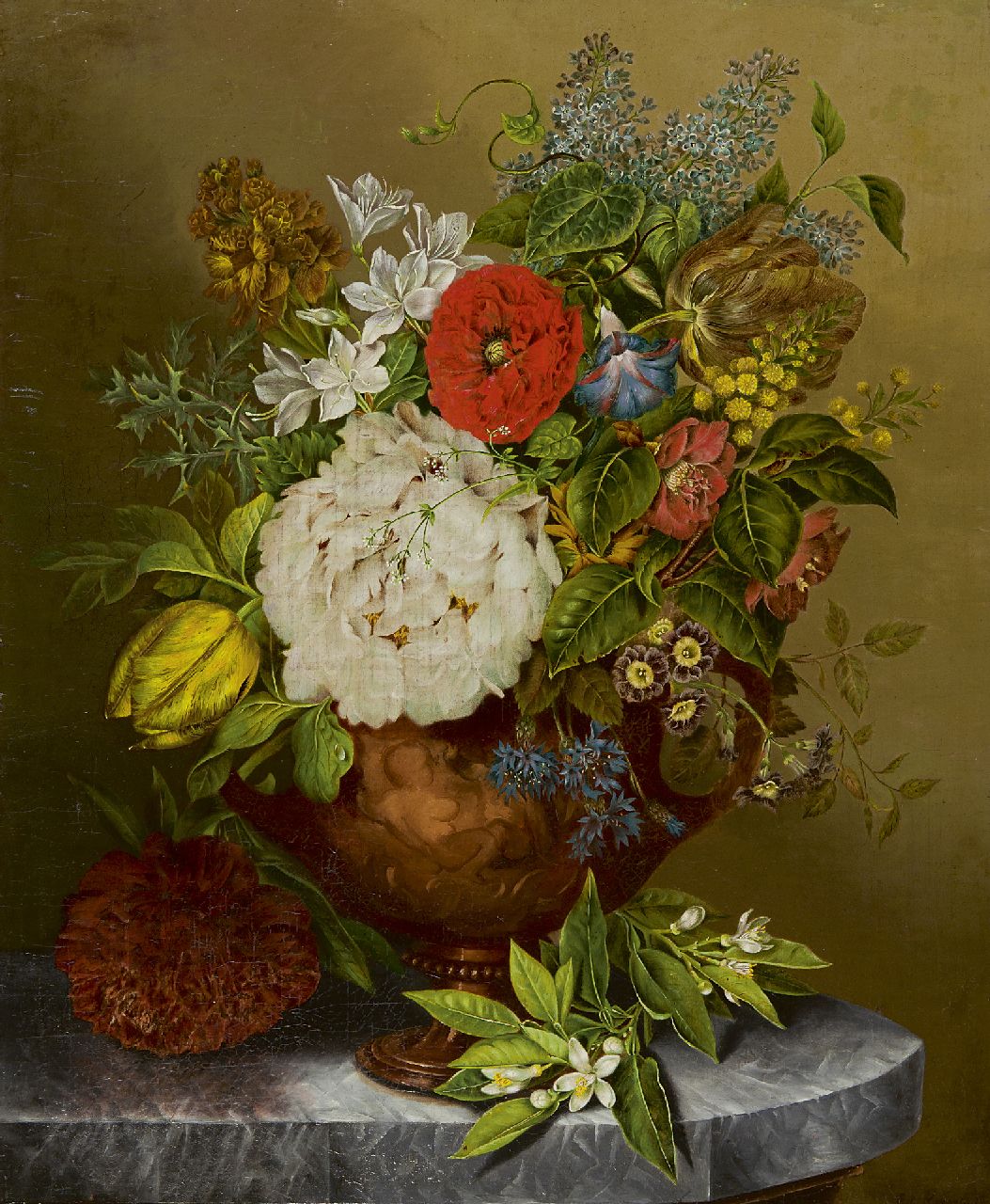 Hoopstad E.I.  | Elisabeth Iosetta Hoopstad, A flower still life in a terracotta vase, oil on canvas 59.5 x 48.4 cm, signed l.r.