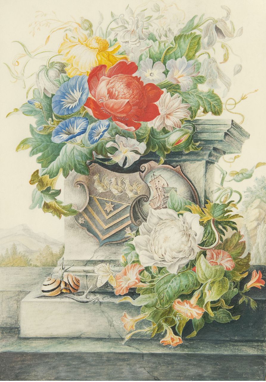 Henstenburgh H.  | Herman Henstenburgh | Watercolours and drawings offered for sale | A flower still life with a column and coat of arms, watercolour on parchment on paper 36.6 x 25.3 cm