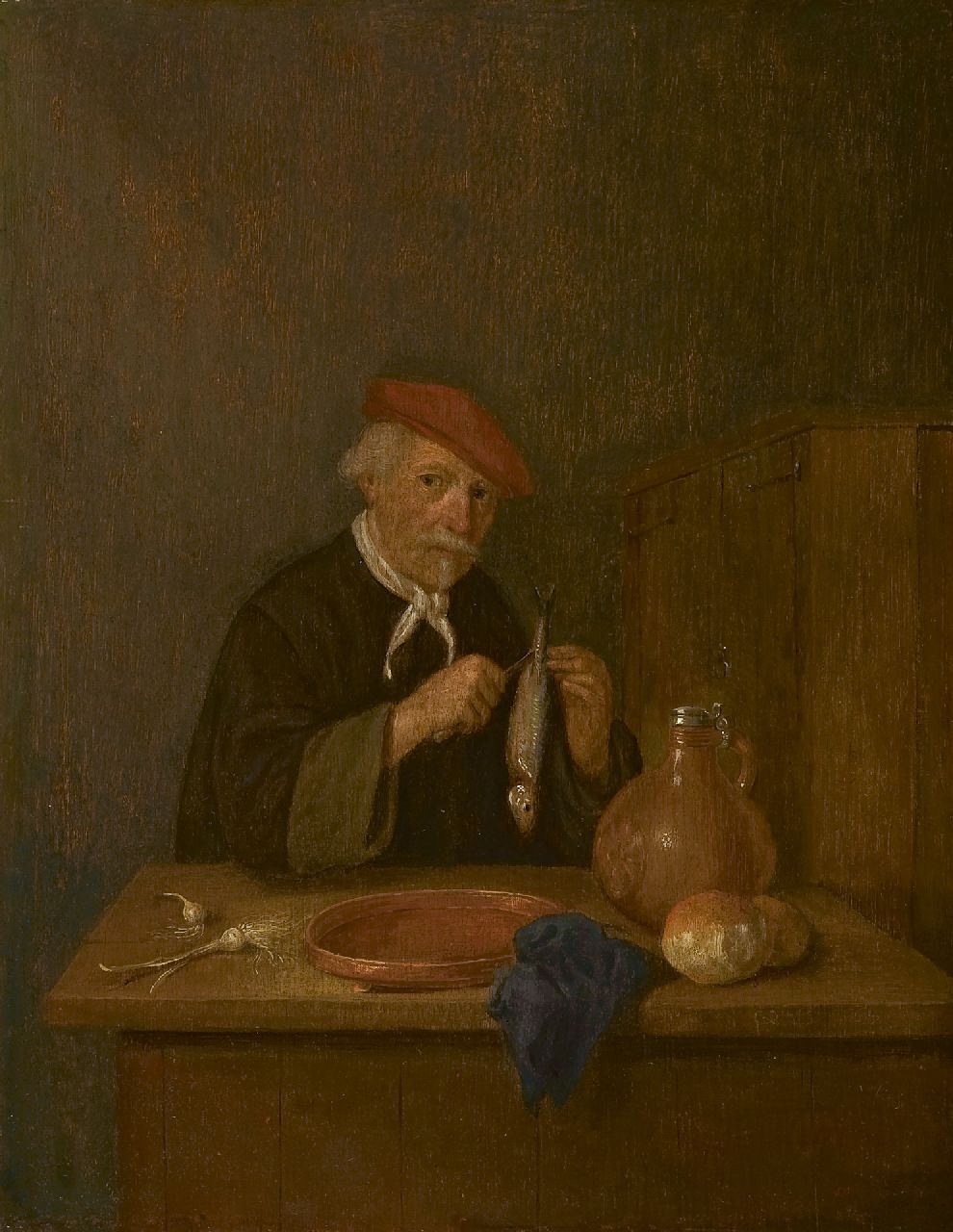 Brekelenkam Q.G. van | Quiringh Gerritz. van Brekelenkam | Paintings offered for sale | A man with a herring, oil on panel 39.5 x 30.4 cm, signed l.r. with initials and dated 1665