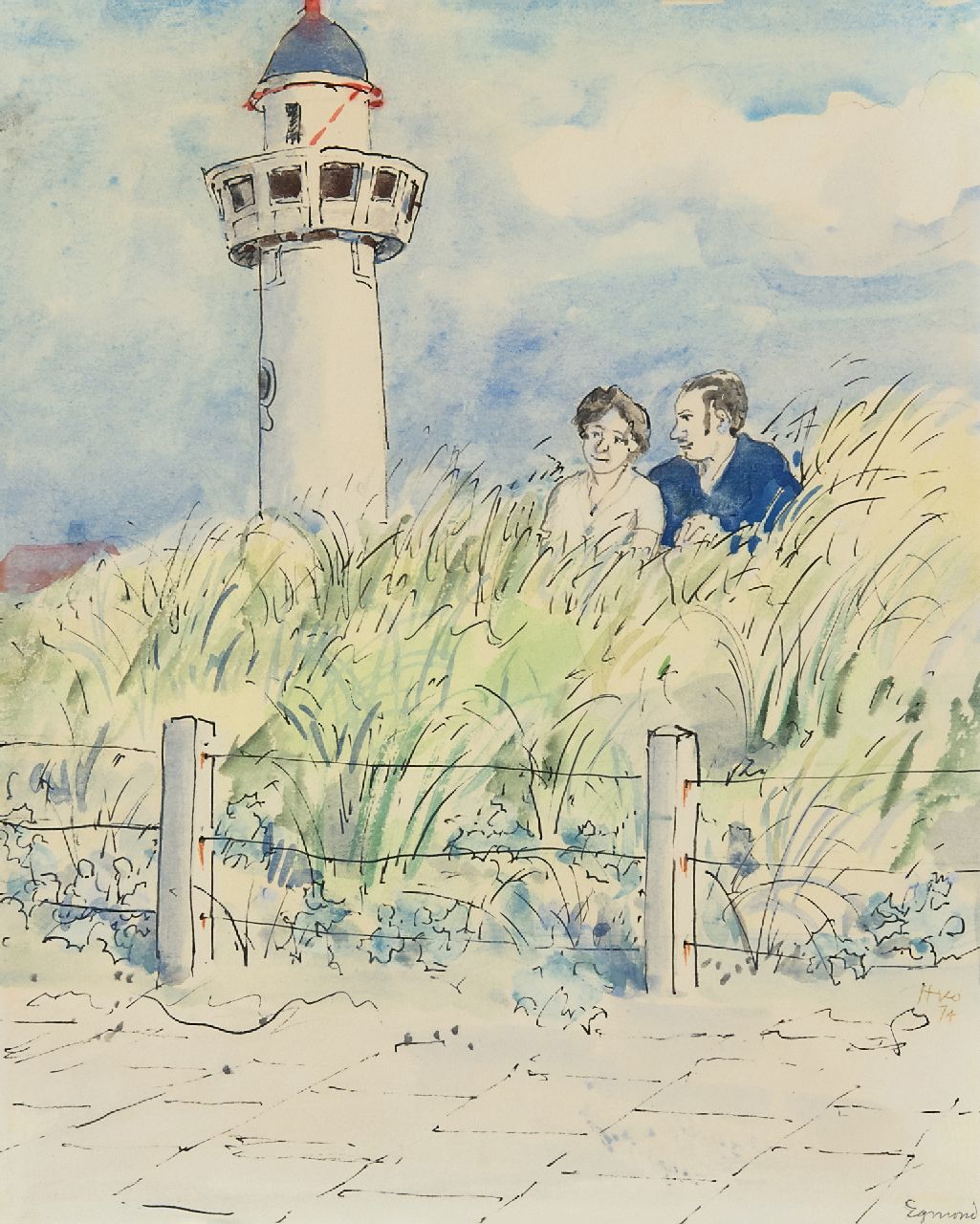 Kamerlingh Onnes H.H.  | 'Harm' Henrick Kamerlingh Onnes, A young couple in the dunes, Egmond aan Zee, pen, ink and watercolour on paper 25.7 x 21.0 cm, signed l.r. and dated '74