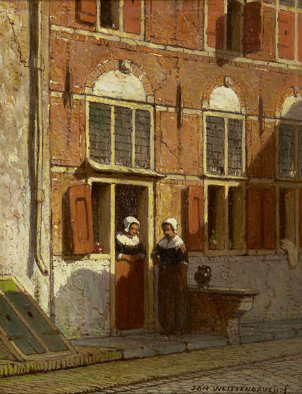 Weissenbruch J.  | Johannes 'Jan' Weissenbruch, Talking to the neighbour, oil on panel 20.0 x 15.8 cm, signed l.r.