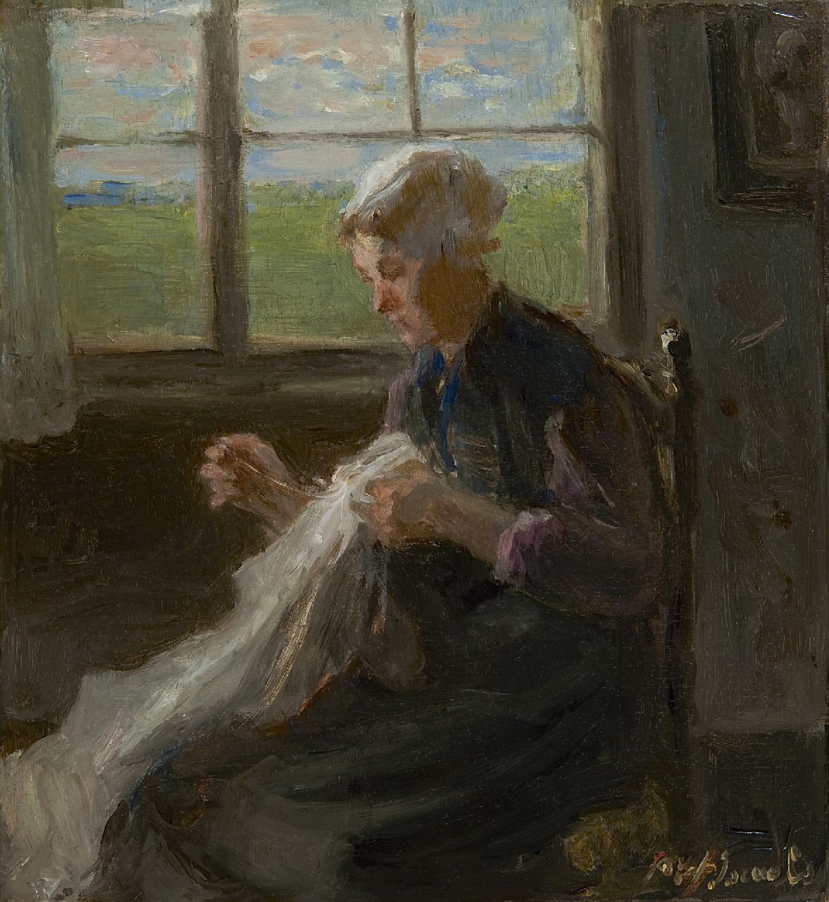 Israëls J.  | Jozef Israëls, Woman sewing near the window, oil on panel 30.0 x 27.7 cm, signed l.r. and painted ca. 1890-1900