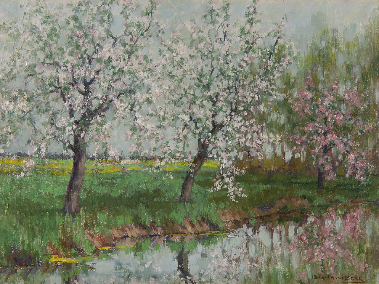 Beek B.A. van | Bernardus Antonie van Beek, Flowering trees along the water, oil on painter's board 30.5 x 40.4 cm, signed l.r.