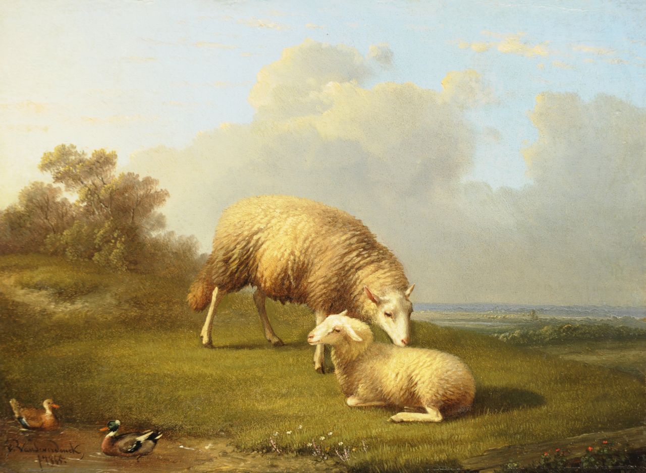 Severdonck F. van | Frans van Severdonck | Paintings offered for sale | Landscape with sheep, oil on panel 17.6 x 23.9 cm, signed l.l. and dated 1865
