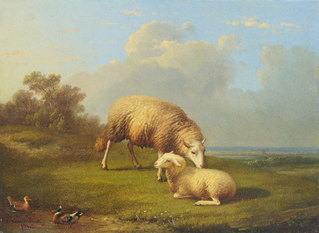 Severdonck F. van | Frans van Severdonck | Paintings offered for sale | Landscape with sheep, oil on panel 17.6 x 23.9 cm, signed l.l. and dated 1865