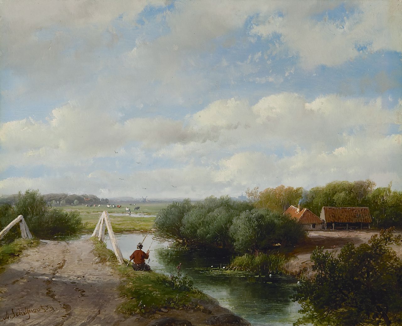 Schelfhout A.  | Andreas Schelfhout, A summer landscape with an angler near Haarlem, oil on panel 19.5 x 24.1 cm, signed l.l. and dated '59