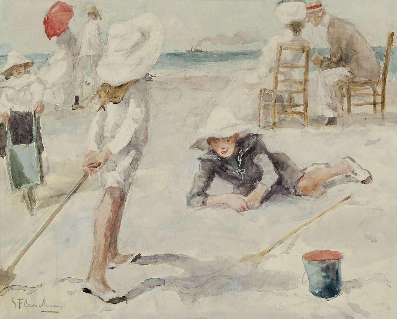 Flasschoen G.  | Gustave Flasschoen, On the beach, watercolour on paper 35.1 x 43.4 cm, signed l.l.