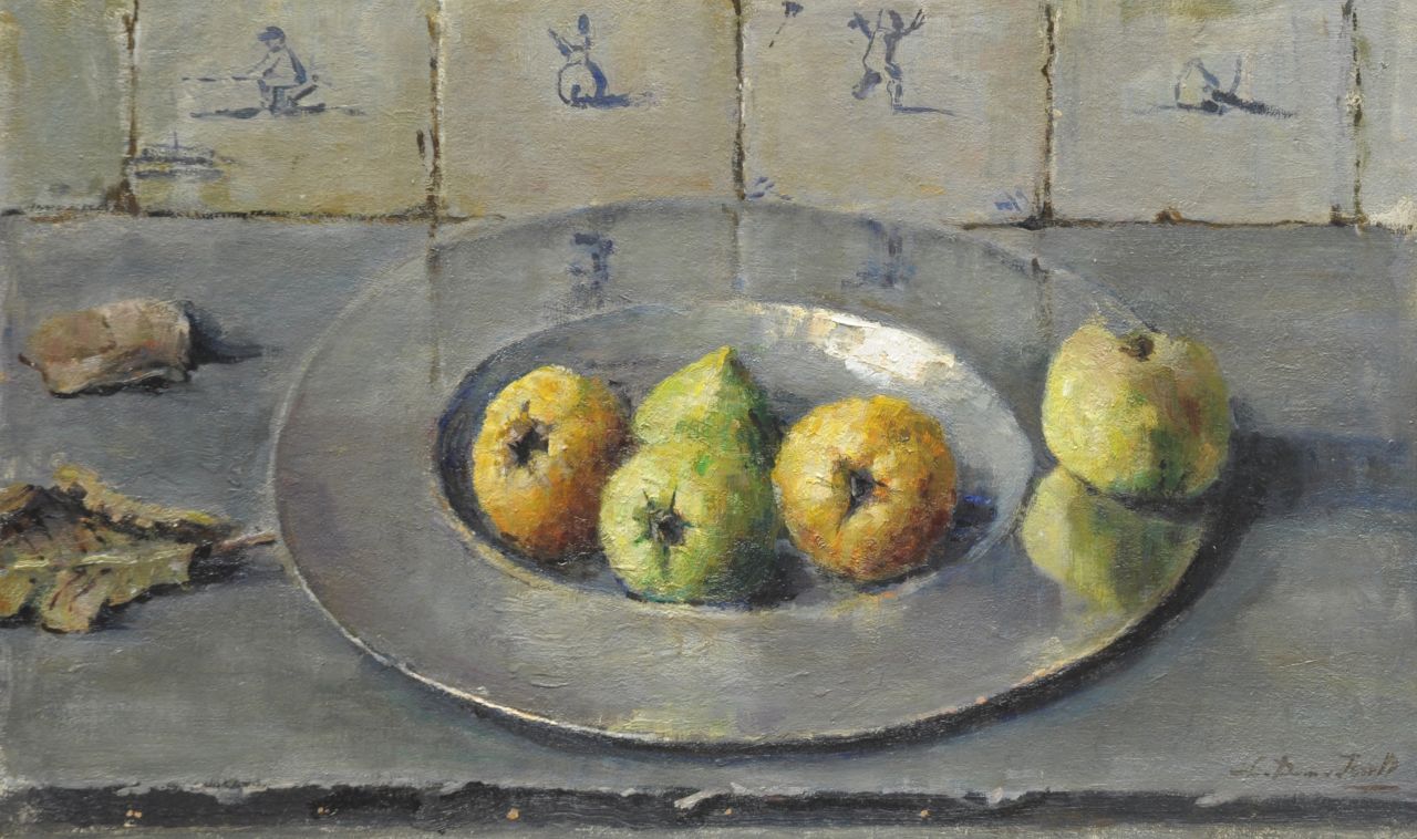 Dam van Isselt L. van | Lucie van Dam van Isselt, A still life with apples on a pewter plate, oil on painter's board 38.4 x 62.9 cm, signed l.r. and painted ca.1940-1941