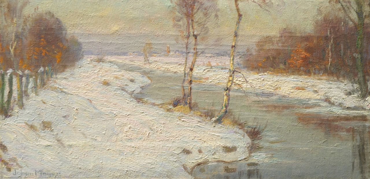 Meijer J.  | Johannes 'Johan' Meijer, A winter afternoon near Blaricum, oil on canvas 18.7 x 36.5 cm, signed l.l.