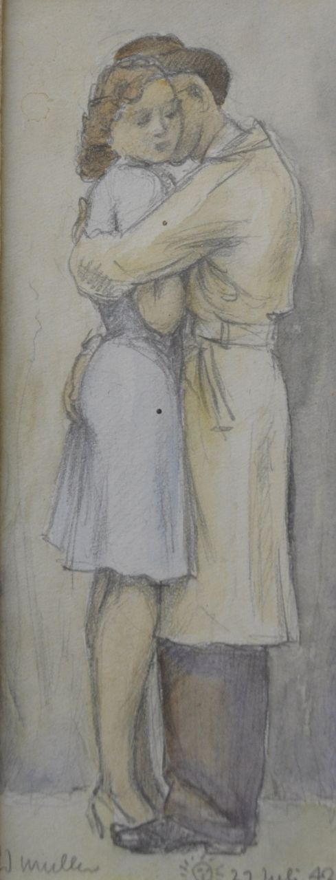 Muller E.J.  | Evert Jan Muller | Watercolours and drawings offered for sale | Embrace, pencil and watercolour on paper 16.5 x 6.5 cm, signed l.l. and dated 27 July '42
