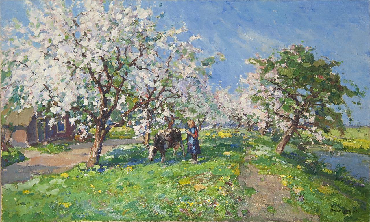 Leeuwen H. van | Hendrik 'Henk' van Leeuwen, A cow herd in an orchard near Oudewater, oil on canvas 66.0 x 101.8 cm, signed l.r. and dated '40