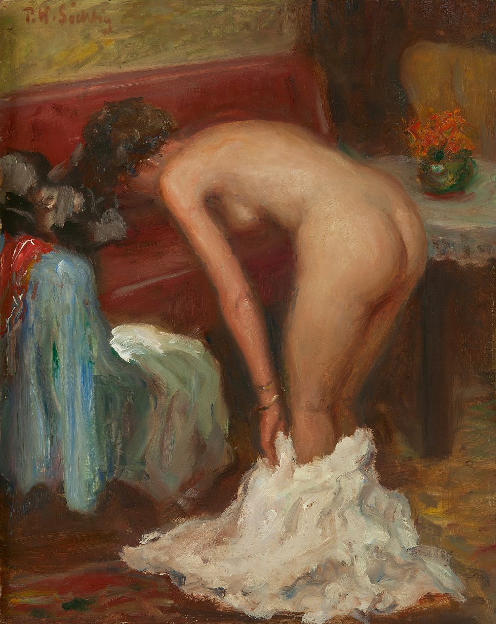 Paul Werner Söchtig | A female nude standing in a boudoir, oil on board, 50.3 x 40.1 cm, signed u.l.