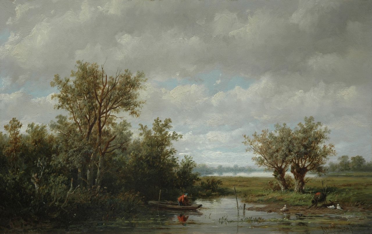 Wijngaerdt A.J. van | Anthonie Jacobus van Wijngaerdt, A polder landscape with an angler, oil on panel 27.5 x 43.6 cm, signed l.r.