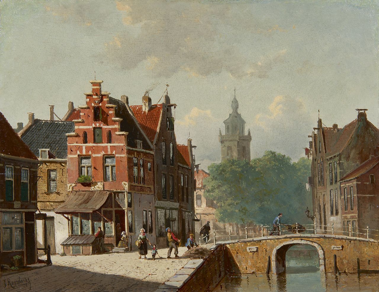 Roosdorp F.  | Frederik Roosdorp, A Dutch canal view in summer, oil on panel 28.0 x 36.5 cm, signed l.l.