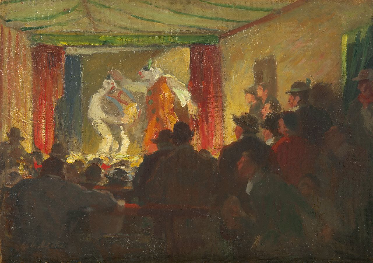 Miehe W.  | Walter Miehe, Theatre scene, oil on board 34.5 x 49.0 cm, signed l.l.