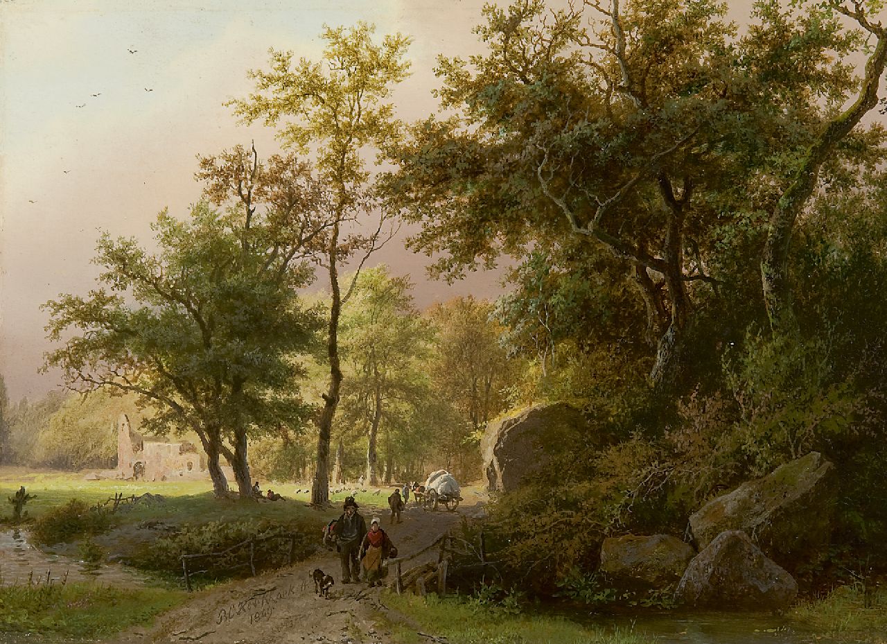 Koekkoek B.C.  | Barend Cornelis Koekkoek, Land folk on an wooded path, oil on panel 17.7 x 24.4 cm, signed l.c. and dated 1849