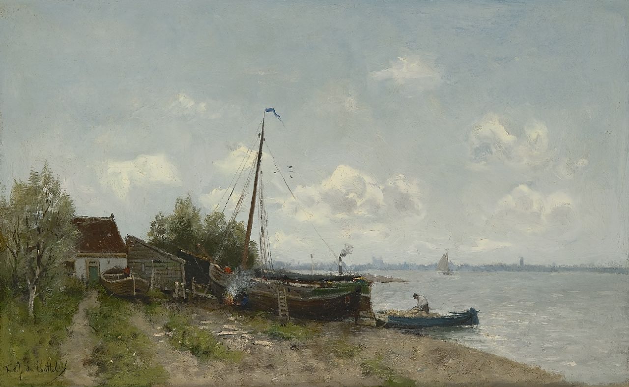 Rossum du Chattel F.J. van | Fredericus Jacobus van Rossum du Chattel, A wharf at a river, oil on canvas 39.4 x 63.7 cm, signed l.l.