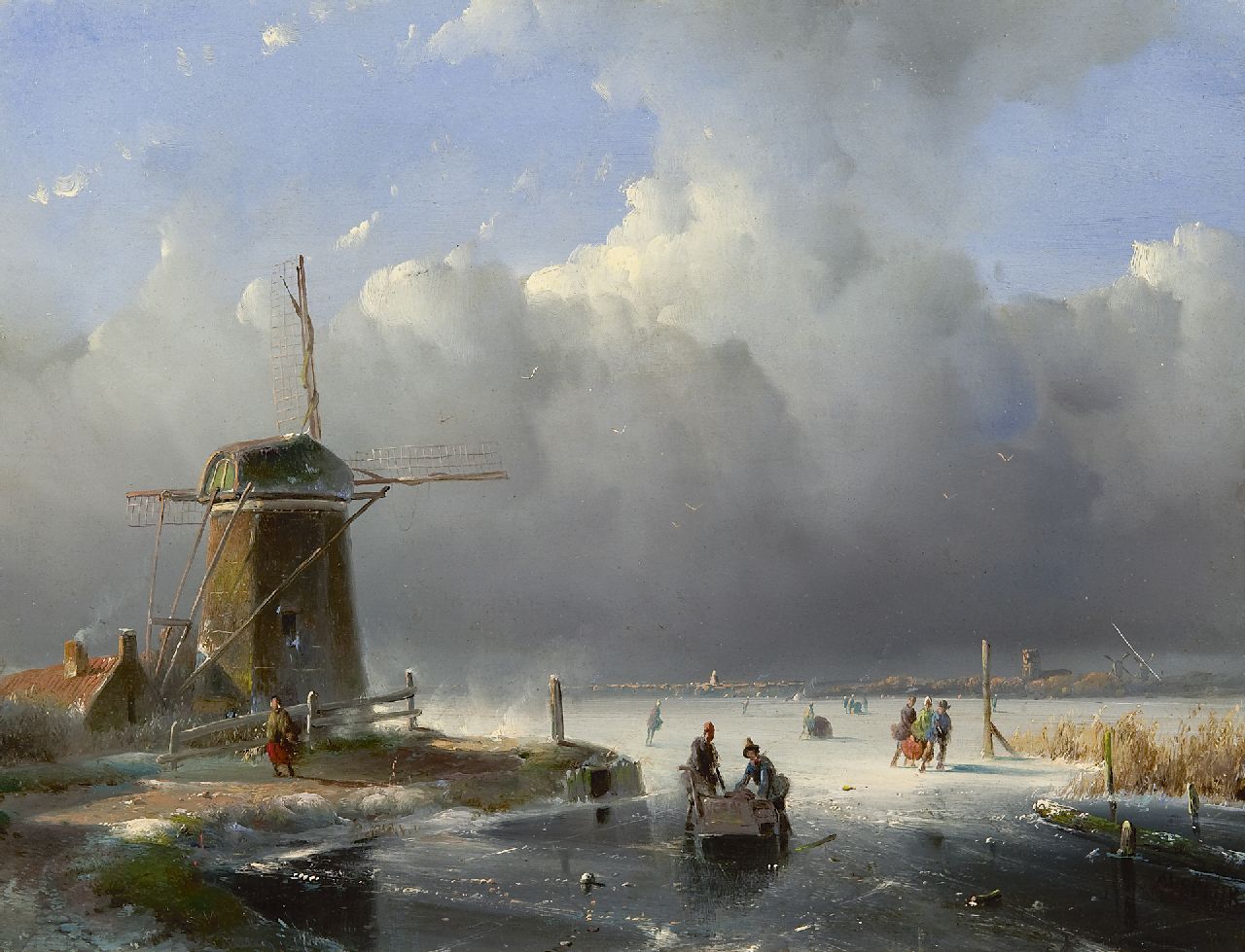 Vrolijk J.A.  | Jacobus 'Adriaan' Vrolijk, A winterlandscape with skaters near a mill, oil on panel 27.1 x 36.0 cm, signed l.r.