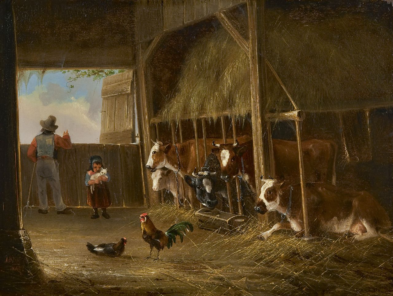 Knip A.  | Augustus 'August' Knip, In the cow's shed, oil on panel 23.7 x 31.3 cm, signed l.l. and dated 1847
