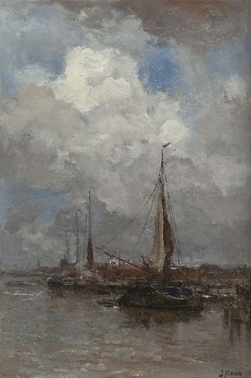 Maris J.H.  | Jacobus Hendricus 'Jacob' Maris, A fishing harbour, oil on canvas 44.9 x 30.6 cm, signed l.r.