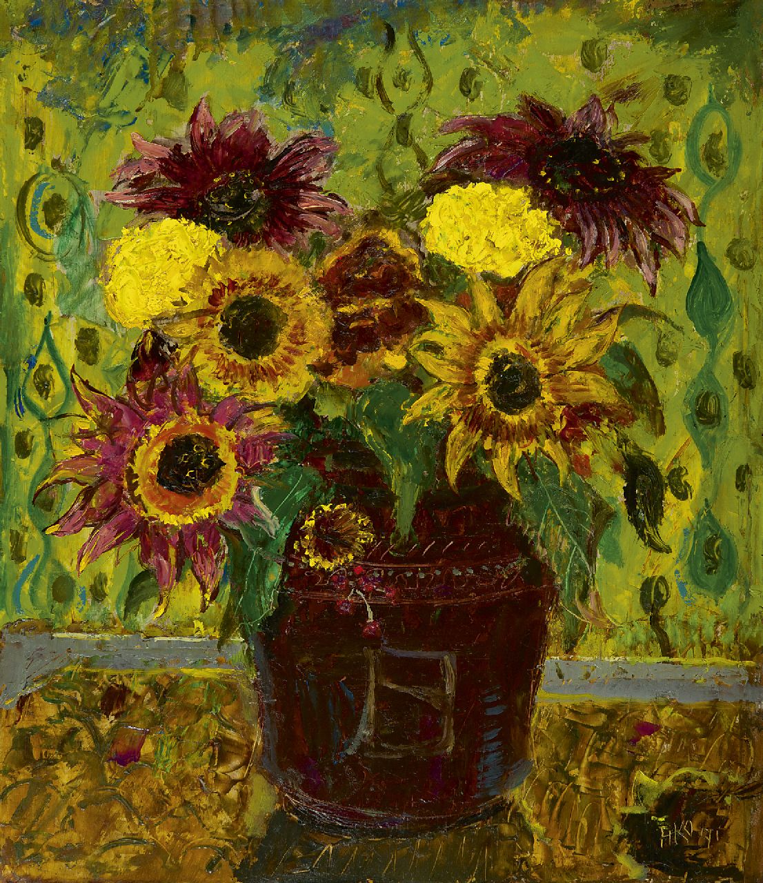 Kamerlingh Onnes H.H.  | 'Harm' Henrick Kamerlingh Onnes, Summer flowers, oil on panel 39.3 x 33.7 cm, signed l.r. with monogram and dated '71