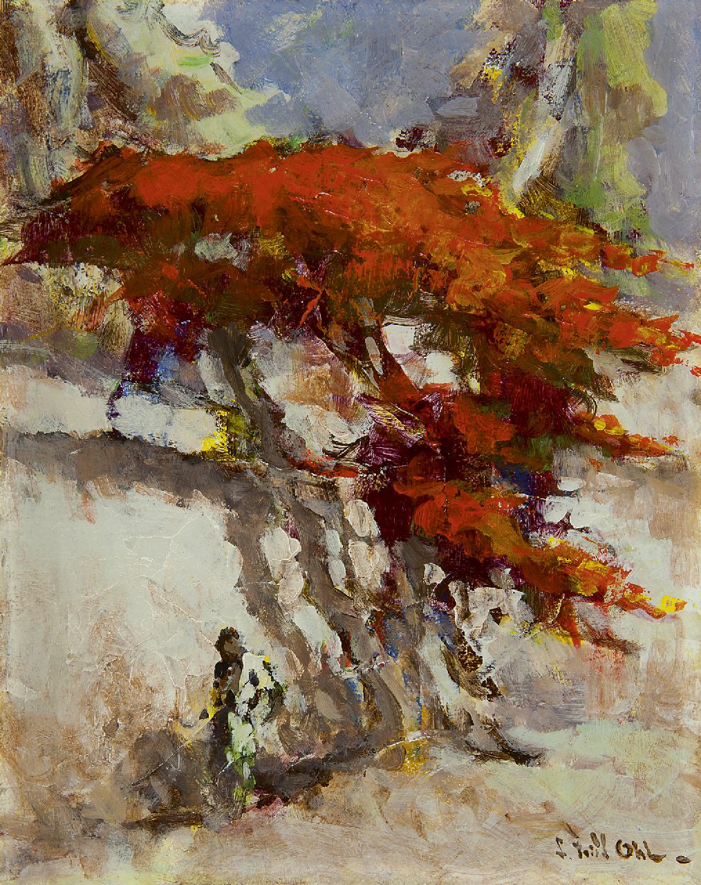 Ohl L.F.  | Lucien 'Frits' Ohl, Flame tree by a white wall, oil on board 29.9 x 24.0 cm, signed l.r.