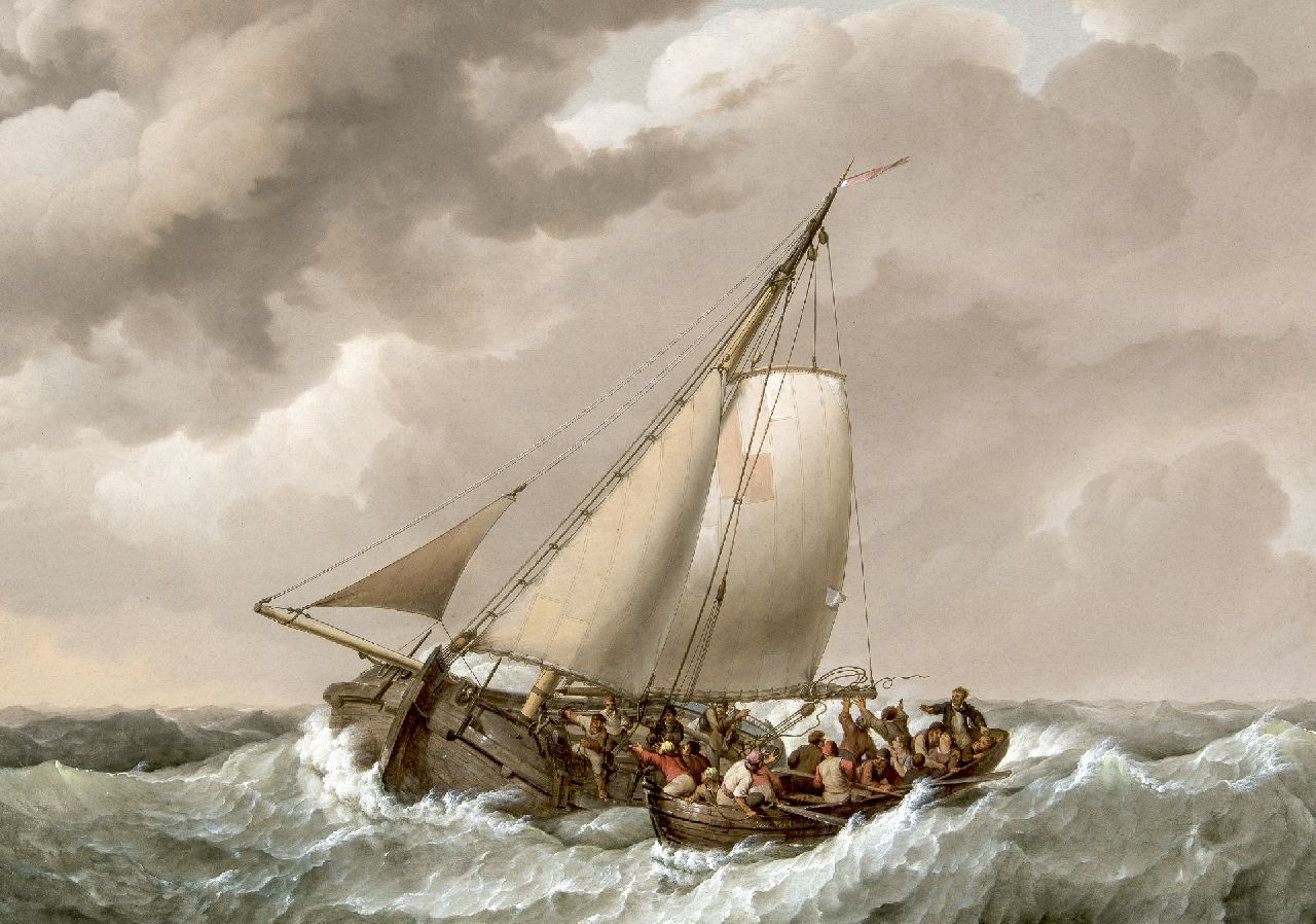 Koekkoek J.H.  | Johannes Hermanus Koekkoek, A rescue of shipwrecked people at open sea, oil on panel 49.1 x 69.9 cm, signed l.c. on the rowing boat and dated 1820