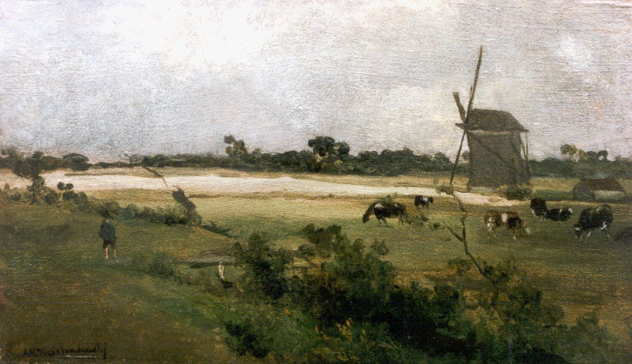 Weissenbruch H.J.  | Hendrik Johannes 'J.H.' Weissenbruch, A polder landscape with windmills, oil on panel 18.0 x 31.1 cm, signed l.l.