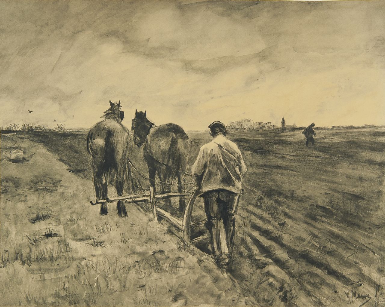 Mauve A.  | Anthonij 'Anton' Mauve, Ploughman with two horses, brush and ink on paper 39.0 x 51.0 cm, signed l.r.
