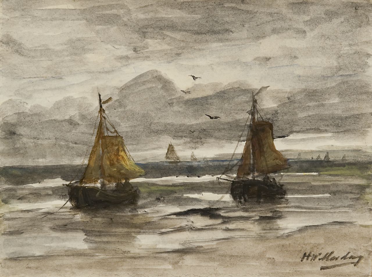 Mesdag H.W.  | Hendrik Willem Mesdag, Two fishing barges at anchor in the surf, watercolour on paper 18.1 x 24.1 cm, signed l.r.