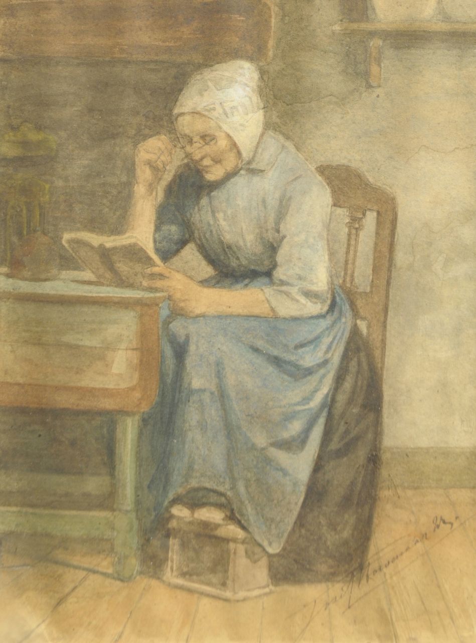 Hoevenaar J.  | Jozef Hoevenaar, A woman reading, watercolour on paper 23.3 x 17.3 cm, signed l.r.