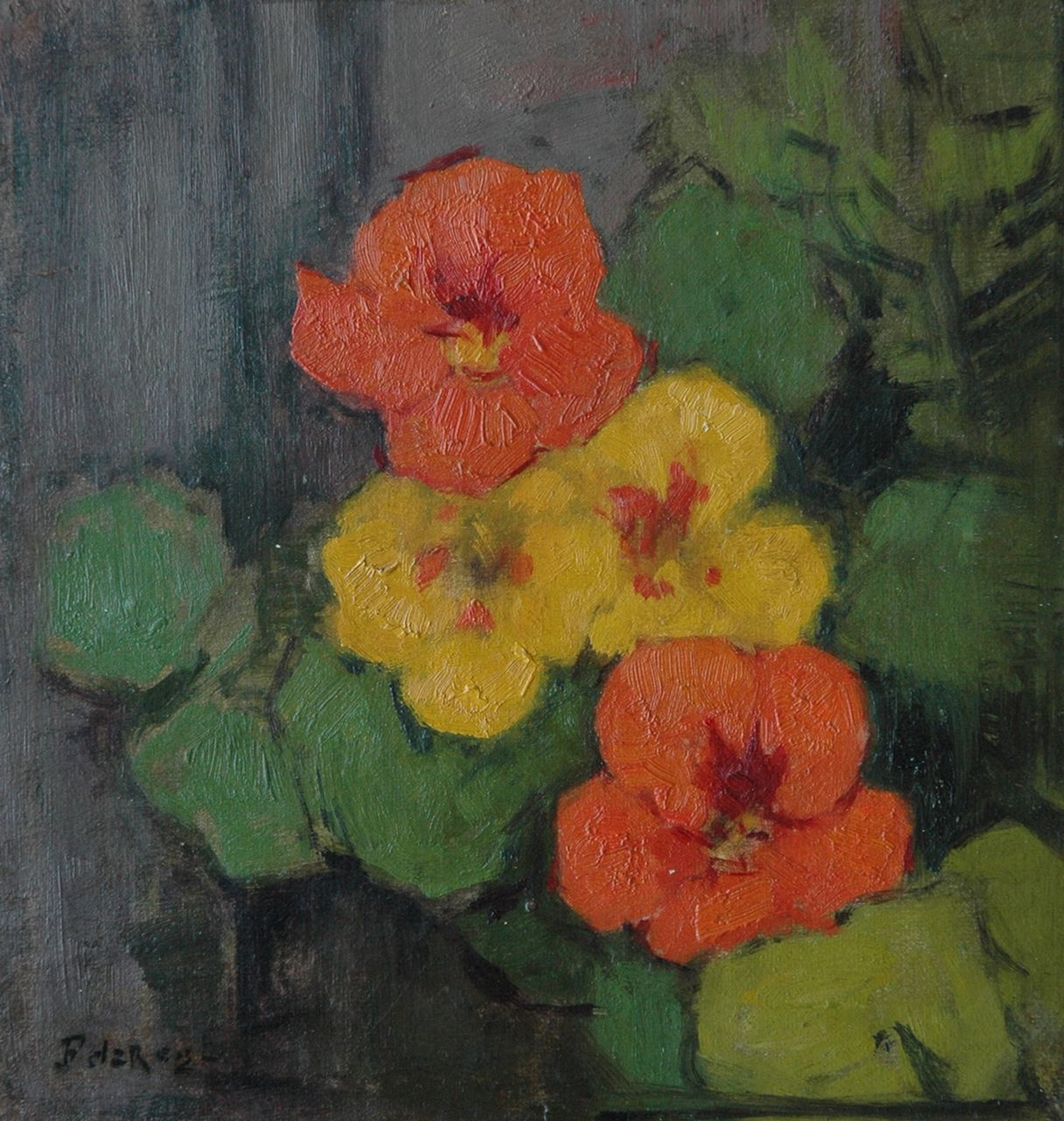 Regt P. de | Pieter 'Piet' de Regt, Nasturtiums, oil on canvas laid down on panel 22.5 x 21.7 cm, signed l.l. with initials and on the reverse